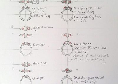 Initial sketches of the engagement ring designs