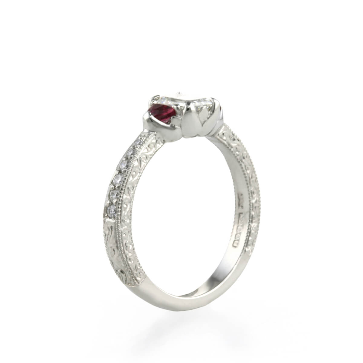 Platinum lotus flower engagement ring set with diamonds and rubies